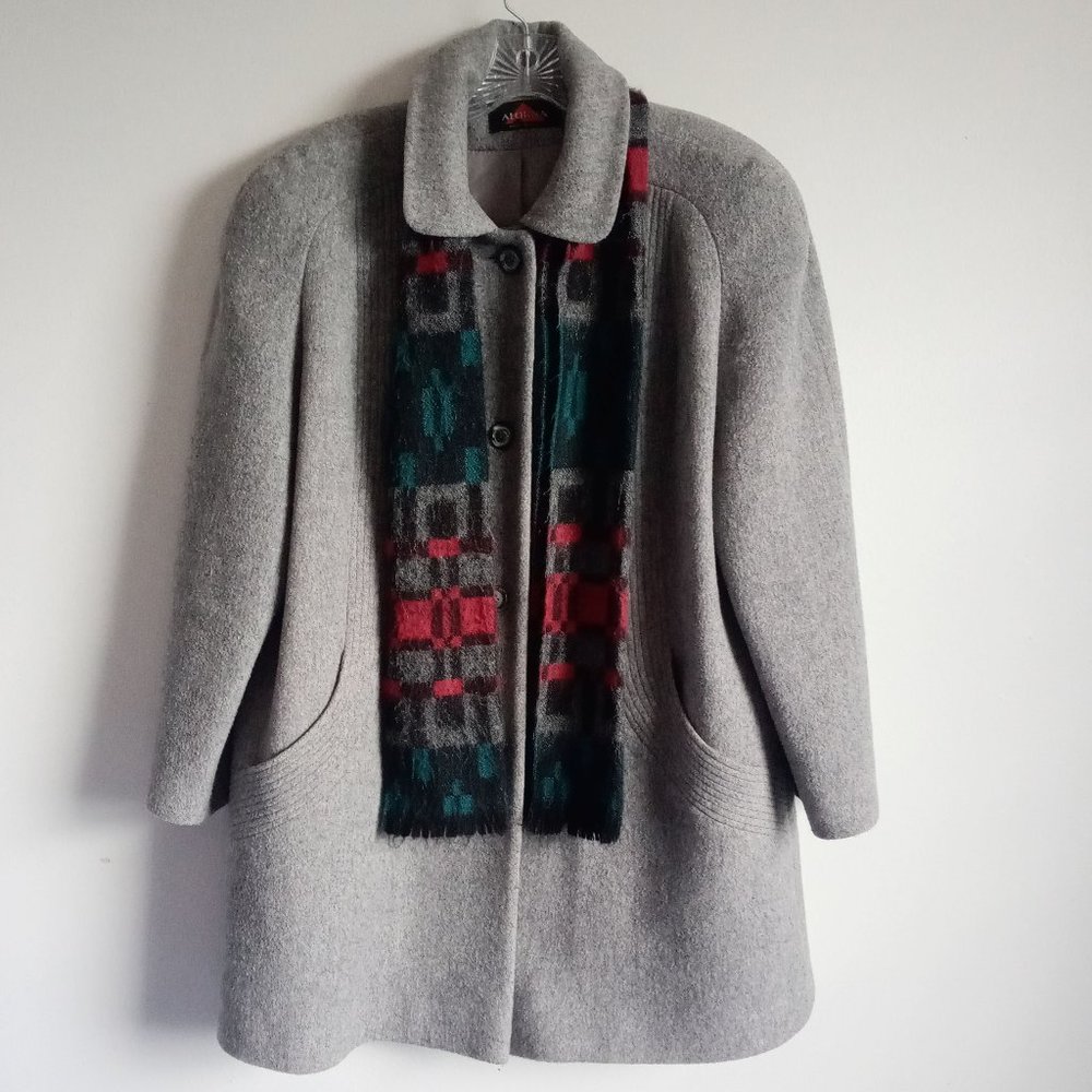 Wool Blend Gray Jacket Coat with Scarf